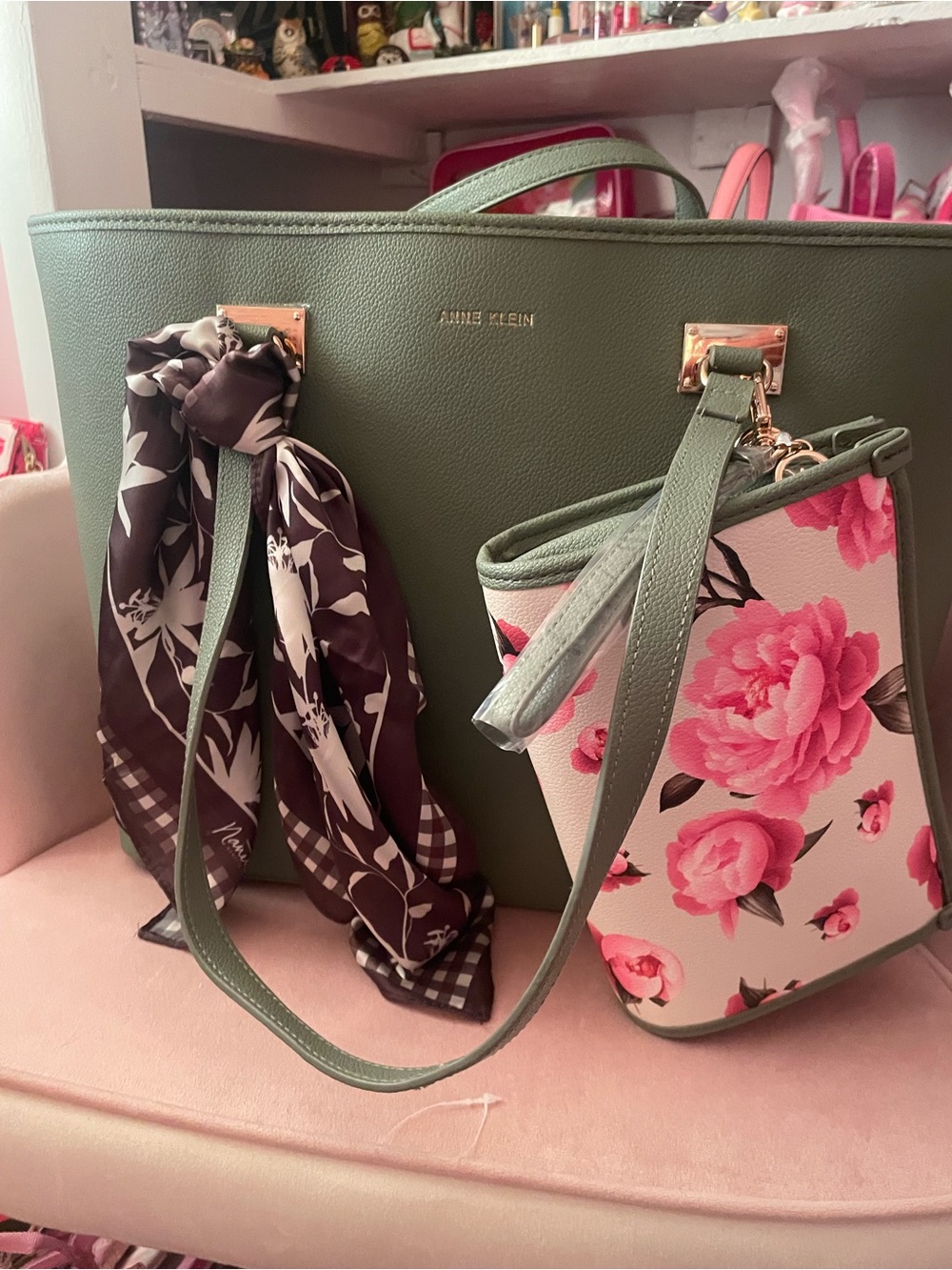 Anne Klein Olive Green Tote with Pink Floral Wristlet and Black Scarf Accent